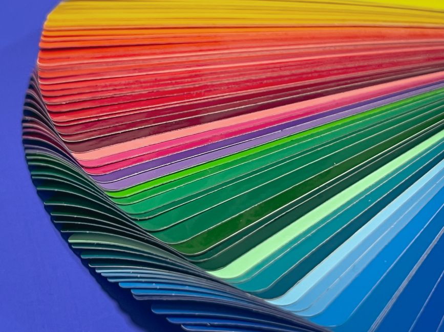 Close-up of vibrant color swatches arranged in a creative and artistic display.